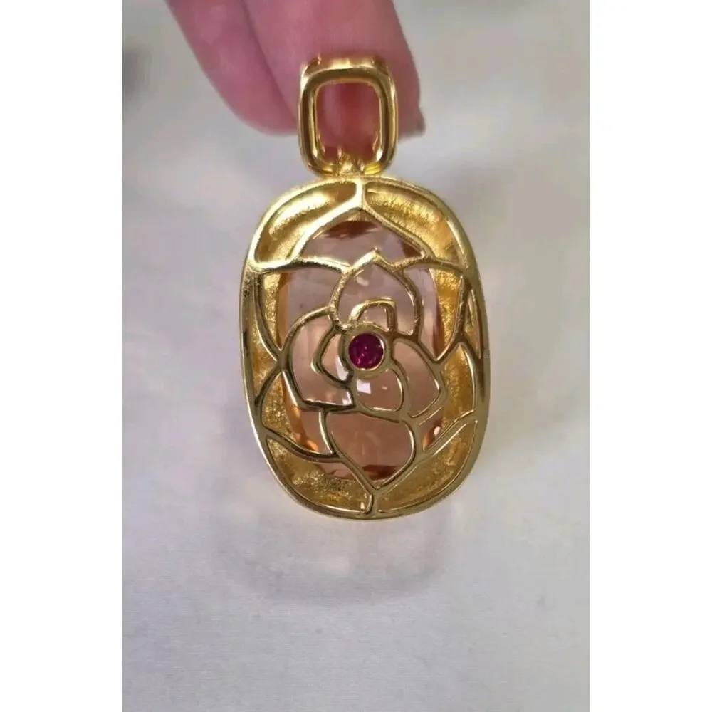 Large Light & Dark Pink Statement Pendant Reversible Floral Filigree Gold Tone